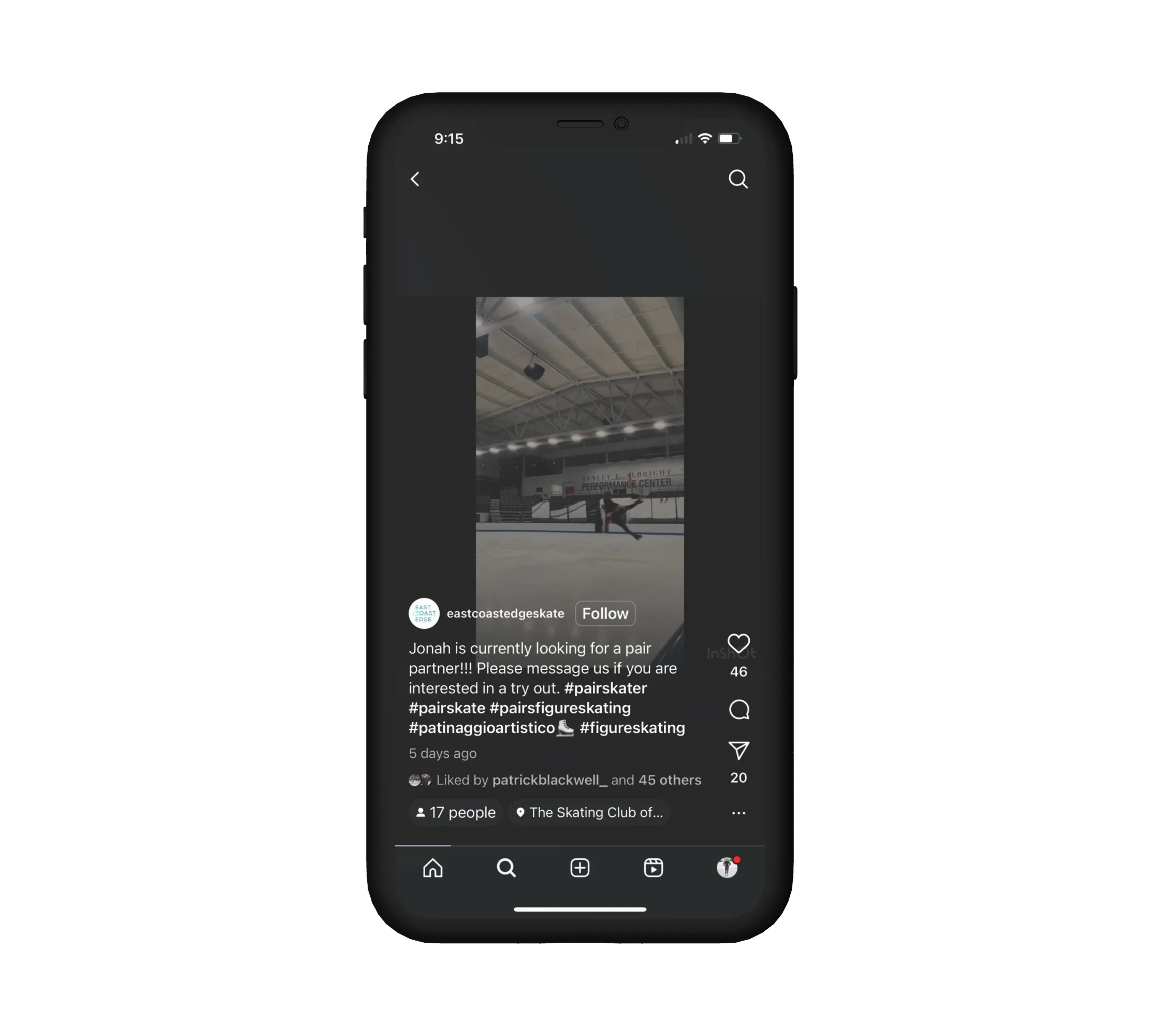 an image of a skater's instagram post searching for a skating partner