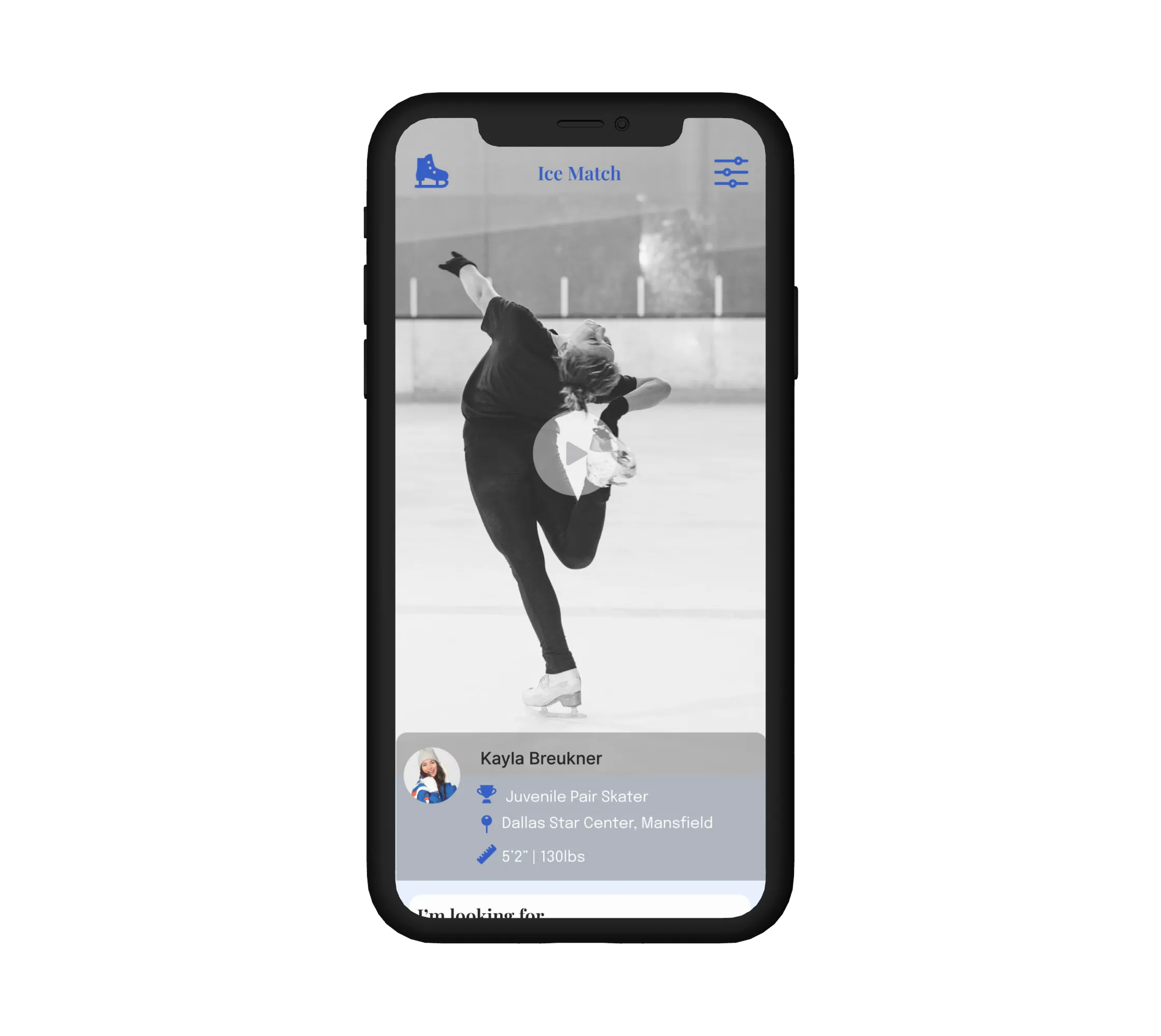 an early version of the app showing a dating style swip app for figure skating profiles